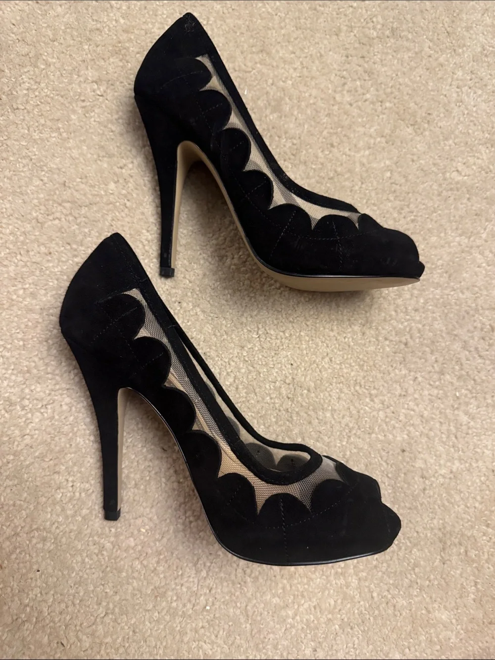 French Connection Black Mesh Scallop Peep-Toe Heels